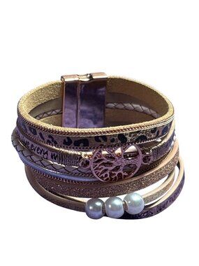 Rose Goldtone Tree of Life Bracelet Glitter Leopard Print Magnetic Clasp